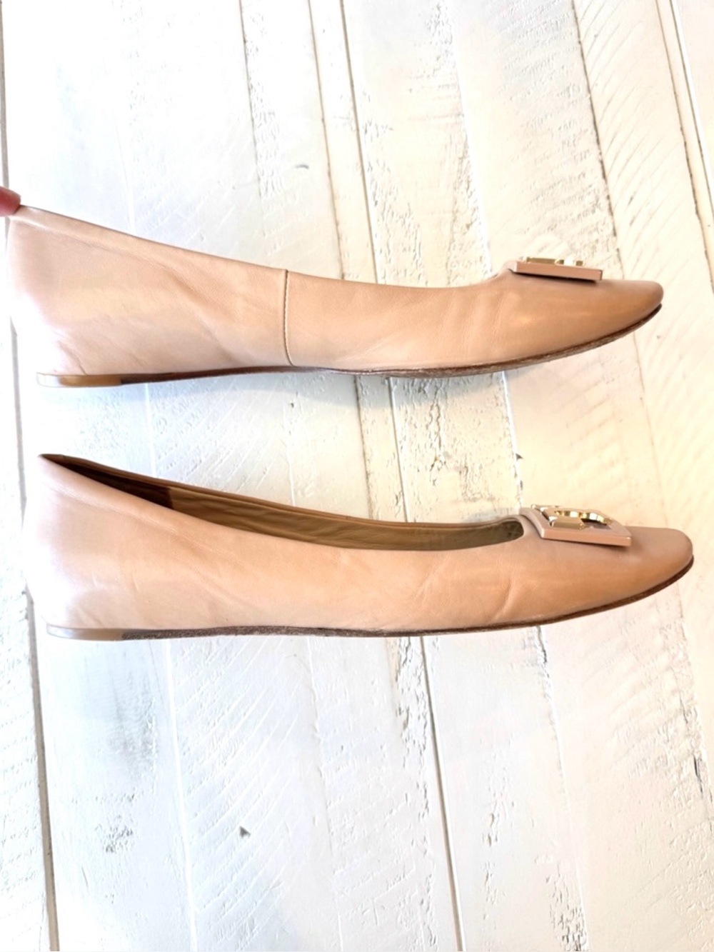 Tory Burch Ballet Flats Leather Logo Beige Size 8M - Picture 5 of 10